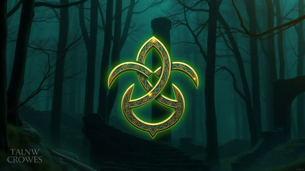 Triskle brilhante em meio a floresta mística.