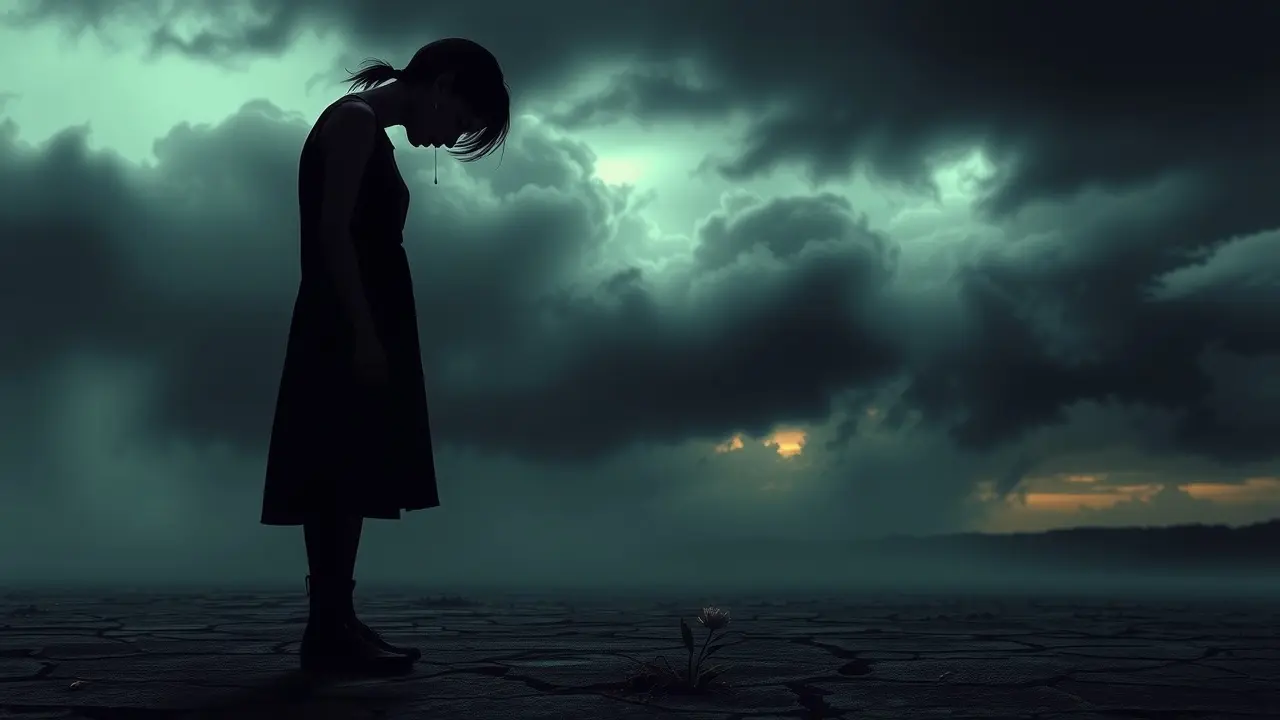 Sonhar com Tristeza: Descubra os Significados e Interpretações Pessoa solitária em paisagem melancólica refletindo tristeza.