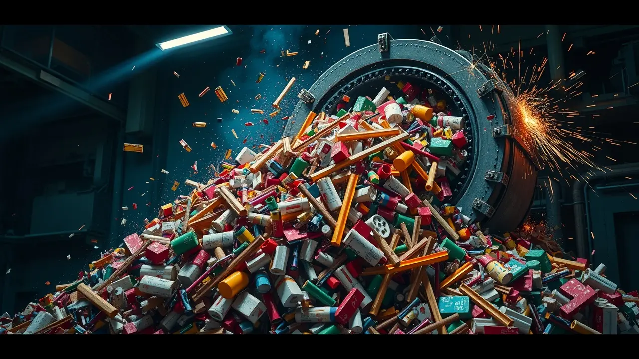 Triturador industrial destruindo objetos coloridos