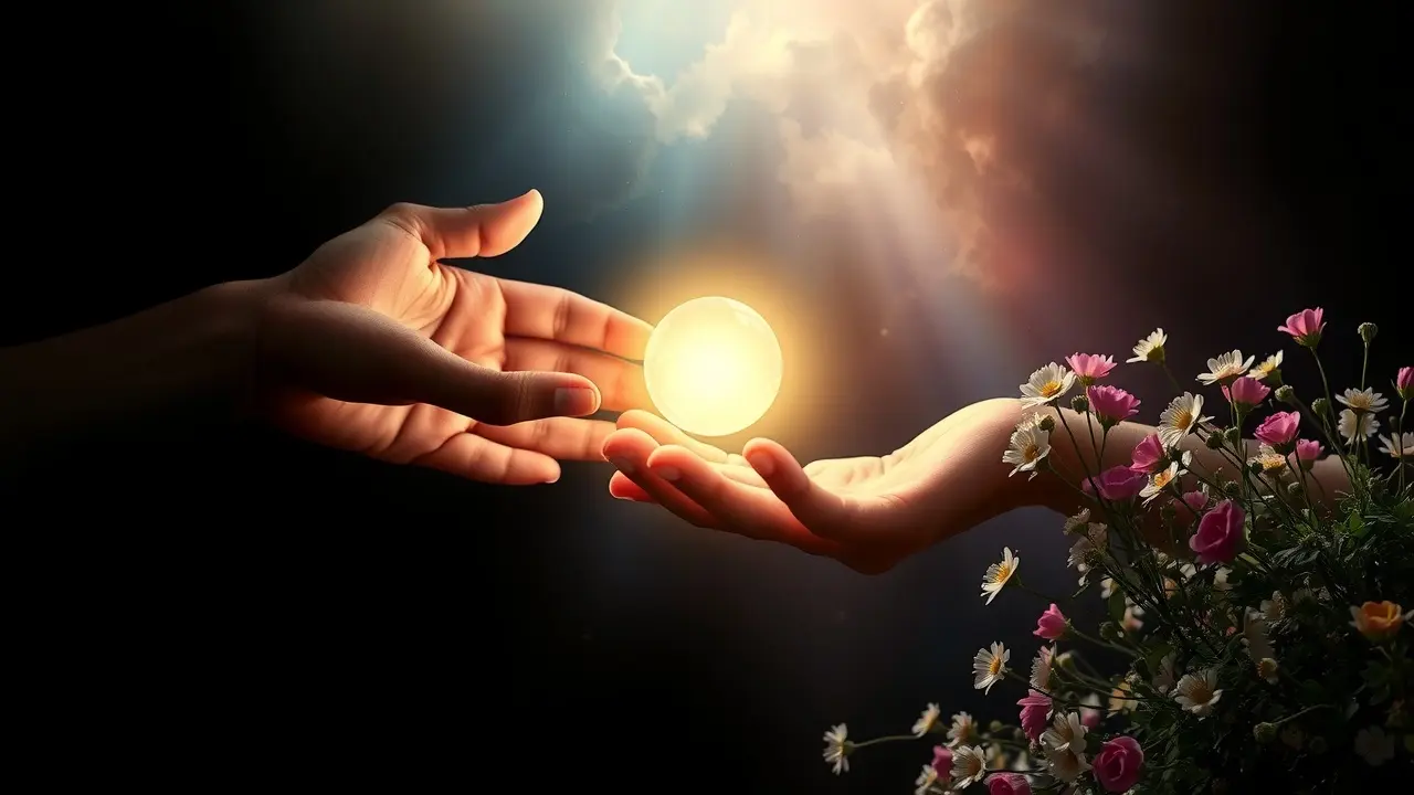 Duas mãos trocando uma esfera brilhante em um sonho, representando mudança e transformação.