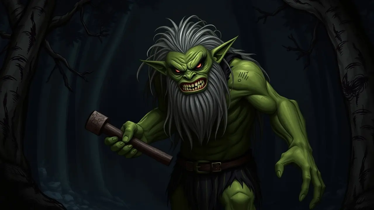 Troll com clava em floresta escura.
