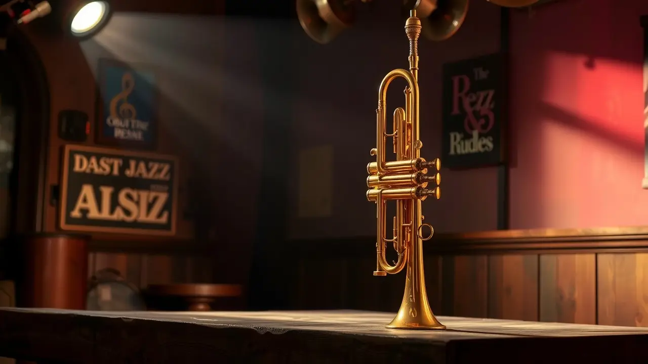 Significado de Sonhar com Trompete: Desvende os Mistérios! Trompete dourado em palco de jazz, simbolizando sonhos e significados.