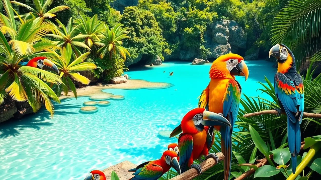 Paraíso tropical exuberante com cores vibrantes.