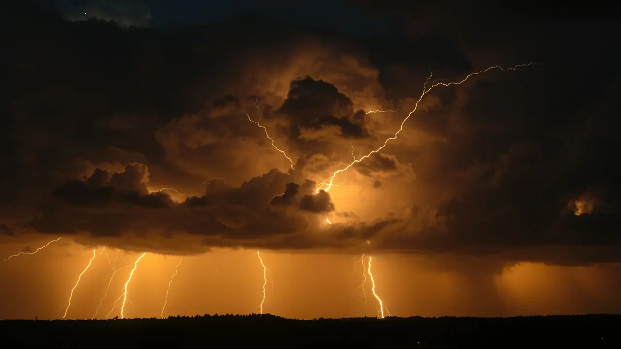 Trovão e relâmpago em noite de tempestade
