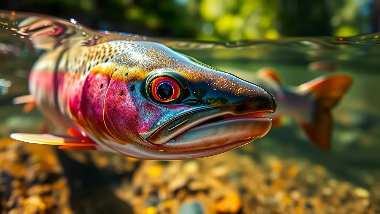 Truta-arco-íris nadando em rio cristalino
