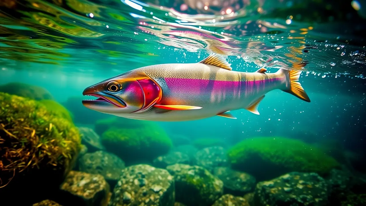 Truta nadando em rio cristalino.