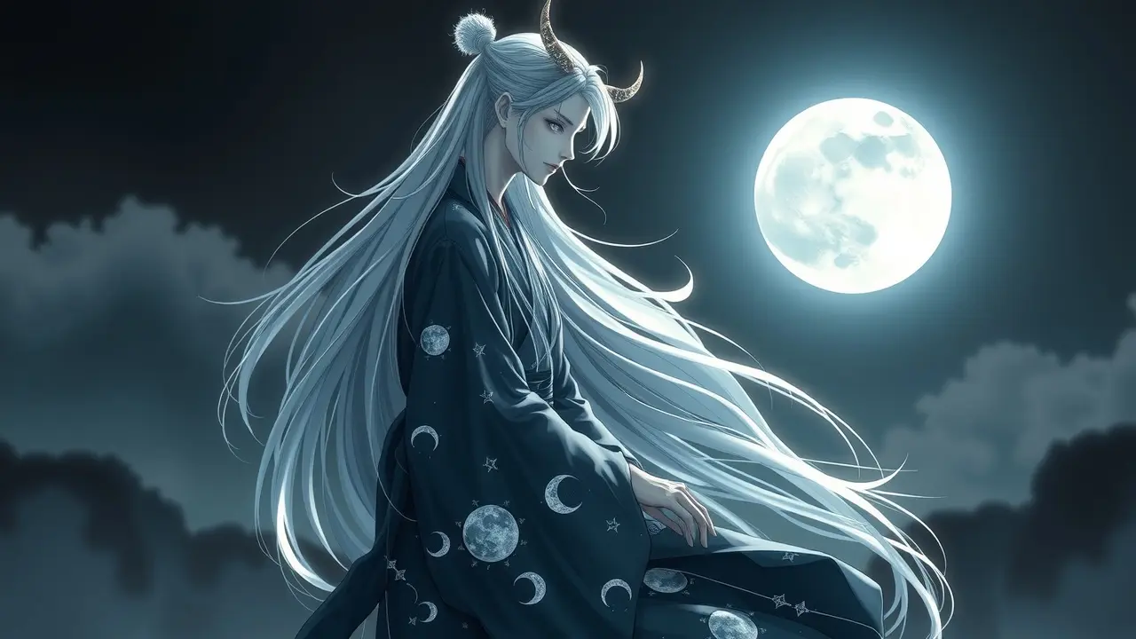 Tsukuyomi, o deus da lua, em paisagem lunar.