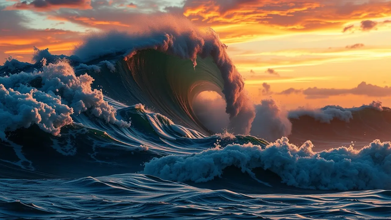 Onda gigante de tsunami ao pôr do sol.