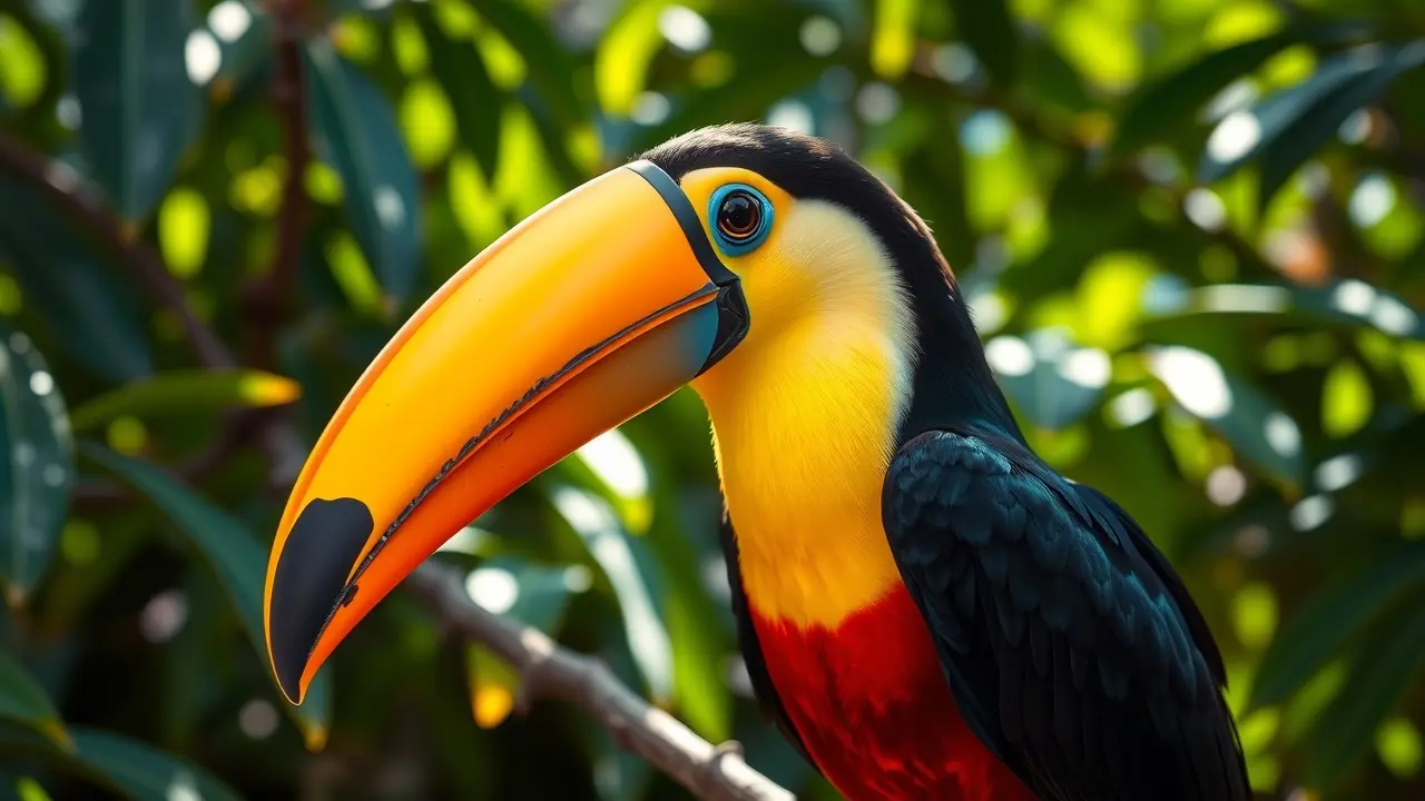 Tucano-toco colorido em close na floresta Amazônica.