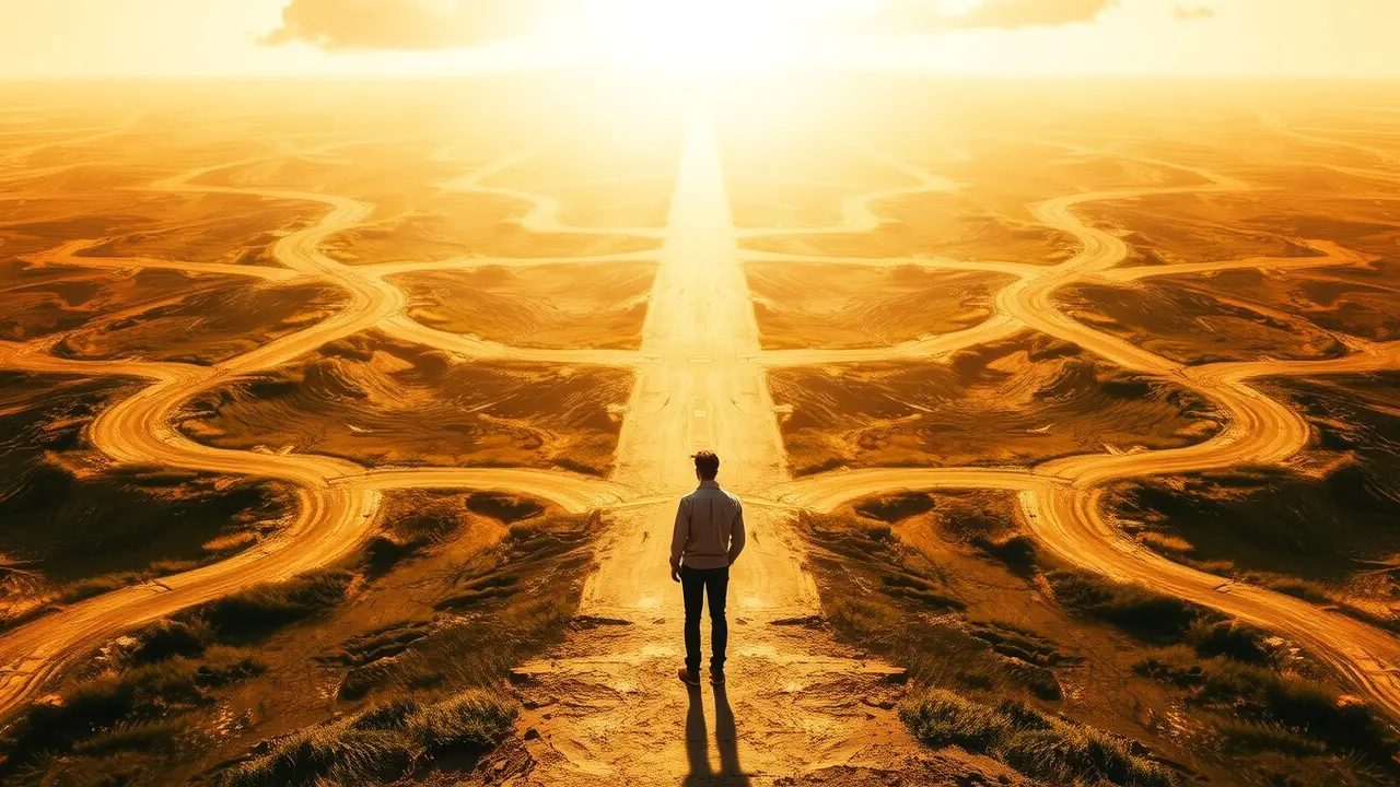 Pessoa em encruzilhada simbolizando escolhas e possibilidades.