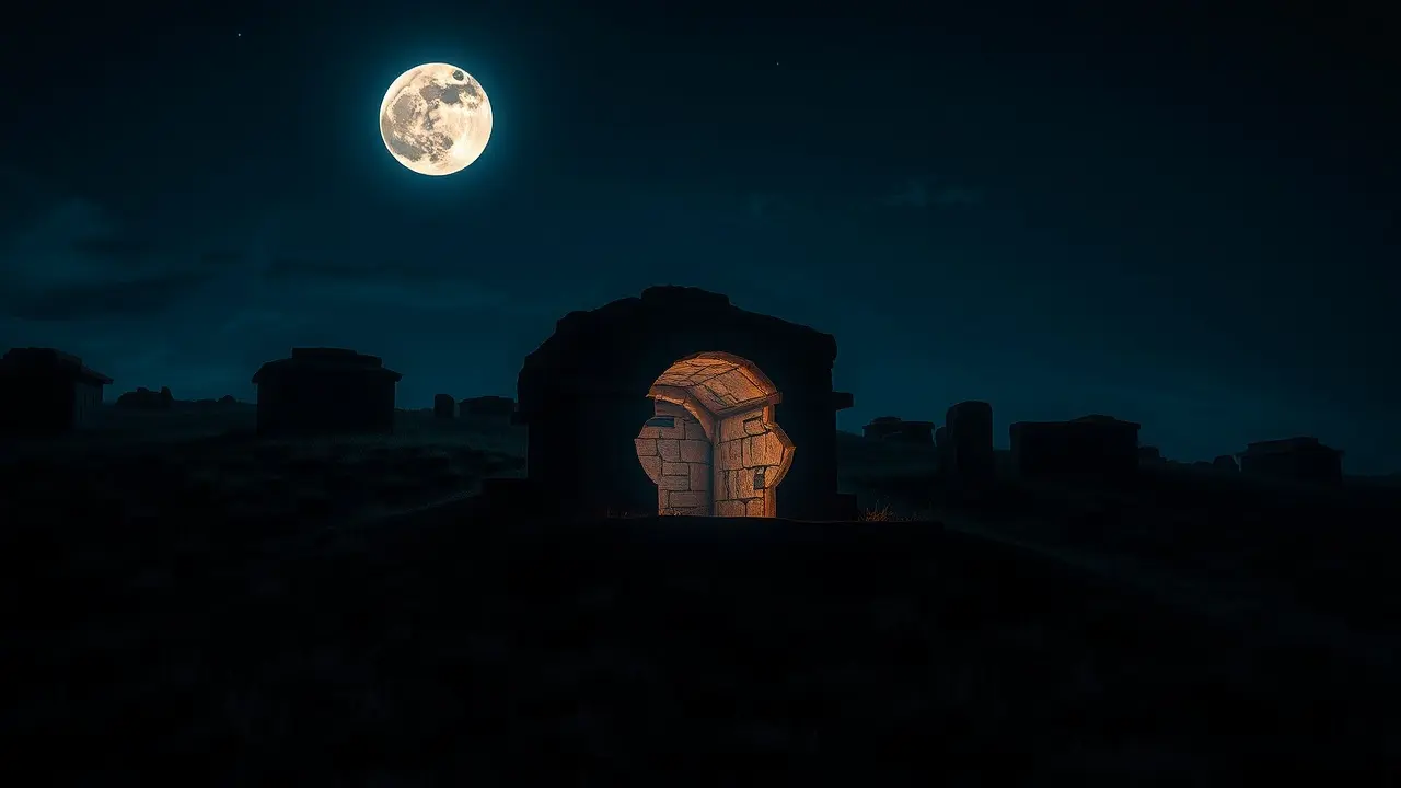 Sonhar com Túmulo: Decifre os Significados e Simbolismos! Cemitério iluminado pela lua com aura brilhante em túmulo aberto