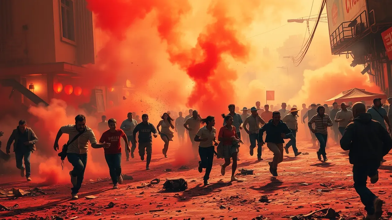 Pessoas correndo em meio ao caos