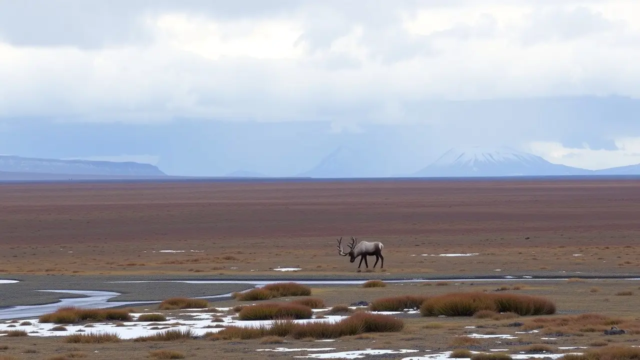 Paisagem de tundra com vegetação rasteira e caribu solitário.
