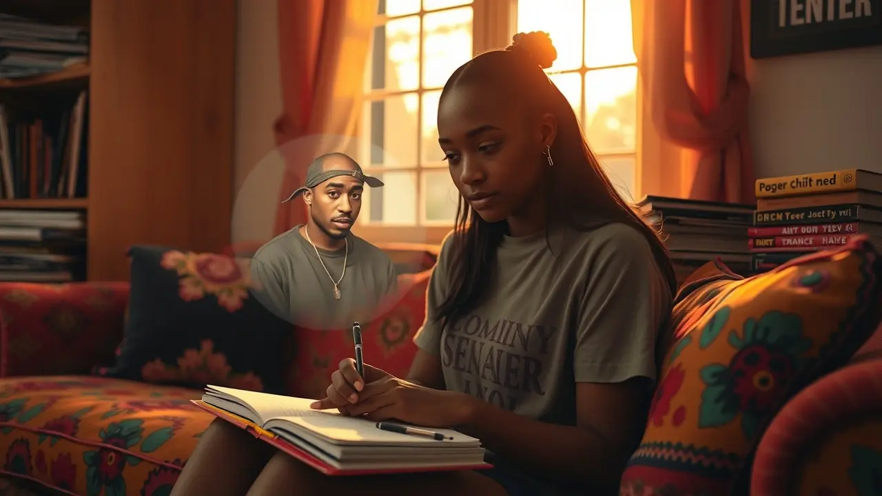 Sonhar com Tupac: Descubra o Significado e as Mensagens Ocultas Mulher escrevendo em diário com projeção de Tupac