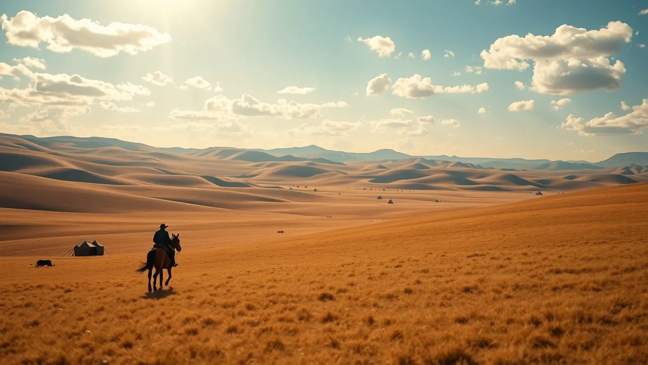 Vasta estepe em Turan com tendas nômades e cavaleiro solitário