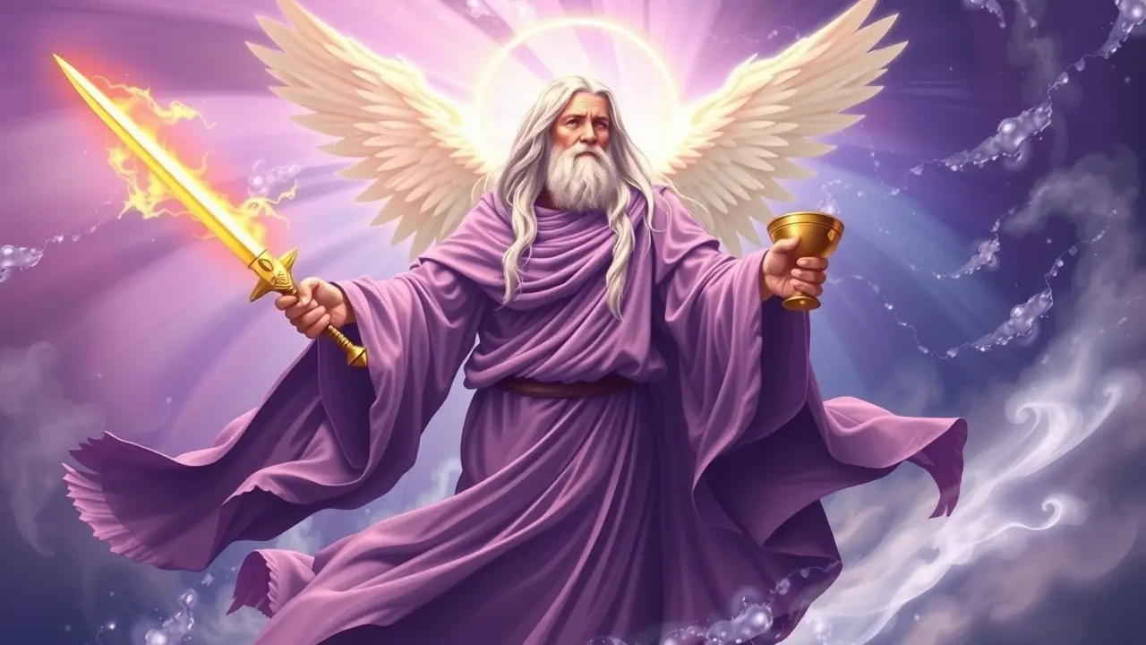 Arcanjo Tzadkiel em vestes violetas, segurando espada e cálice.
