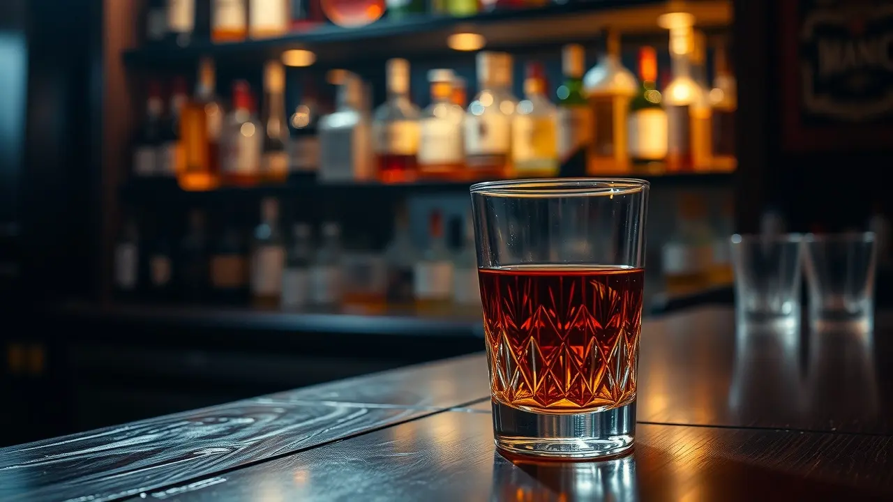 Copo de uísque em balcão de bar iluminado