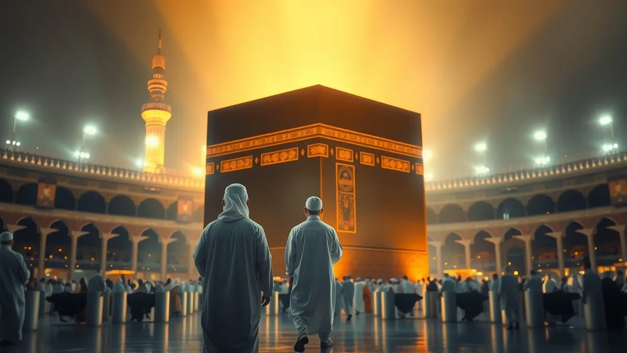 Pessoa vestida de branco Ihram se aproximando da Caaba durante a Umrah.