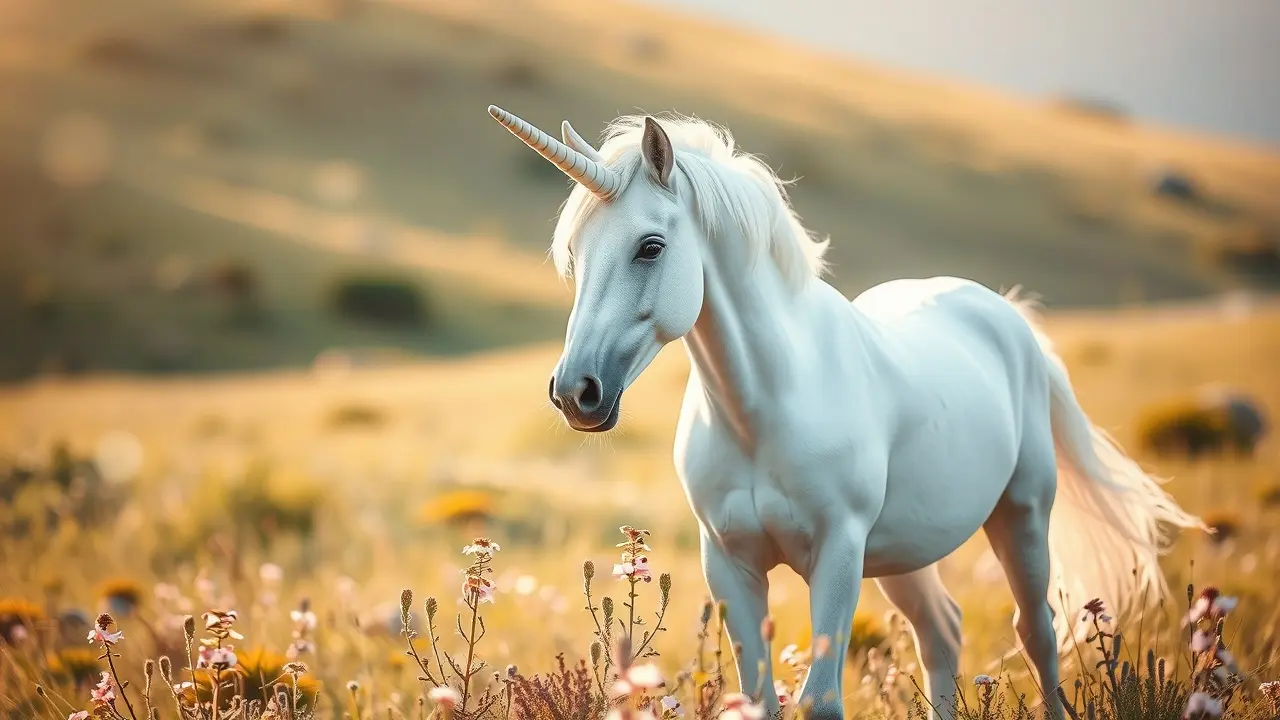 Sonhar com Unicórnio: Descubra o Significado e a Magia do Sonho Unicórnio branco em um campo ensolarado