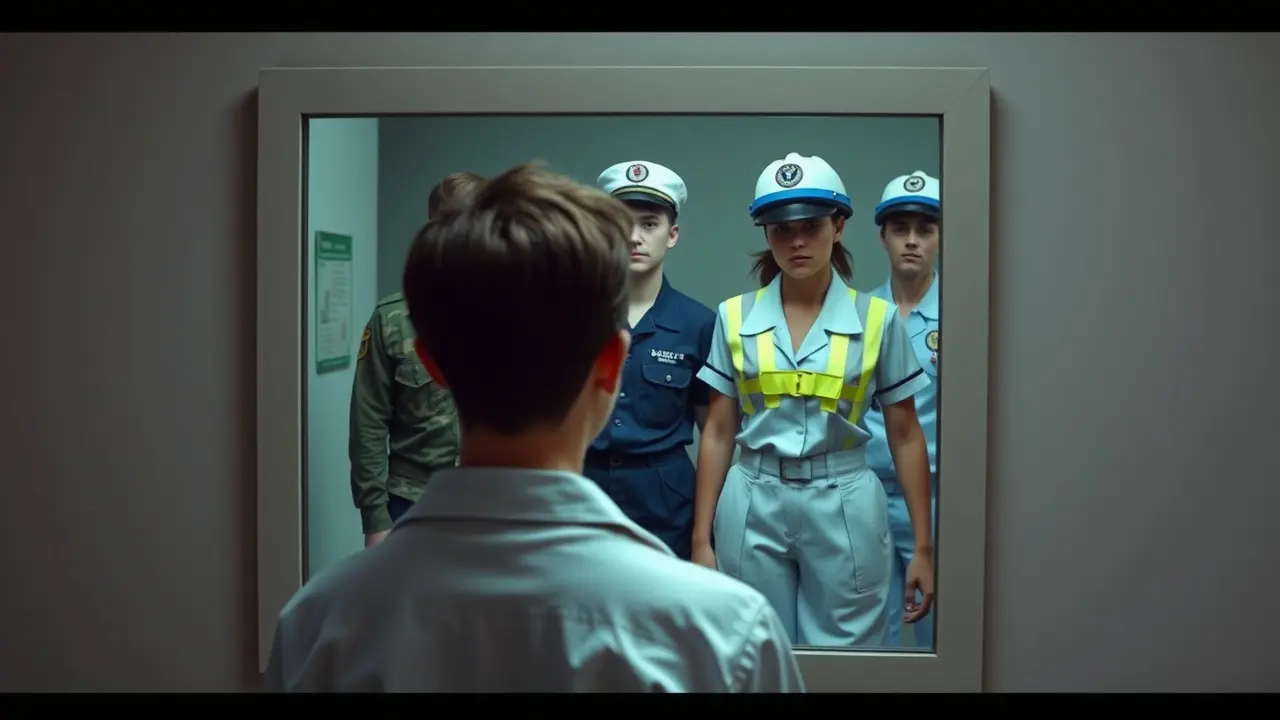 Reflexo em espelho mostrando pessoa com vários uniformes