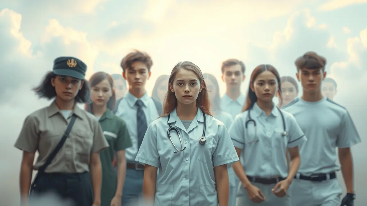 Diversas figuras usando uniformes diferentes em um sonho.