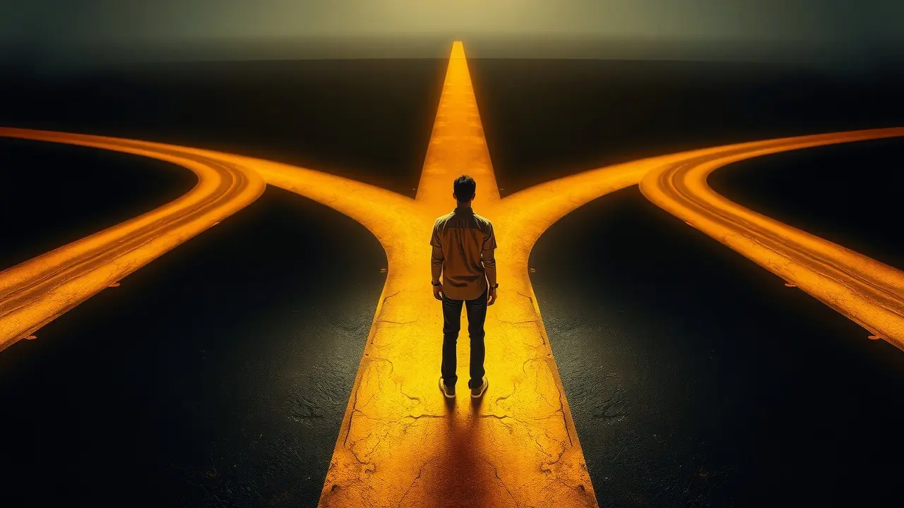 Pessoa em encruzilhada em forma de Y