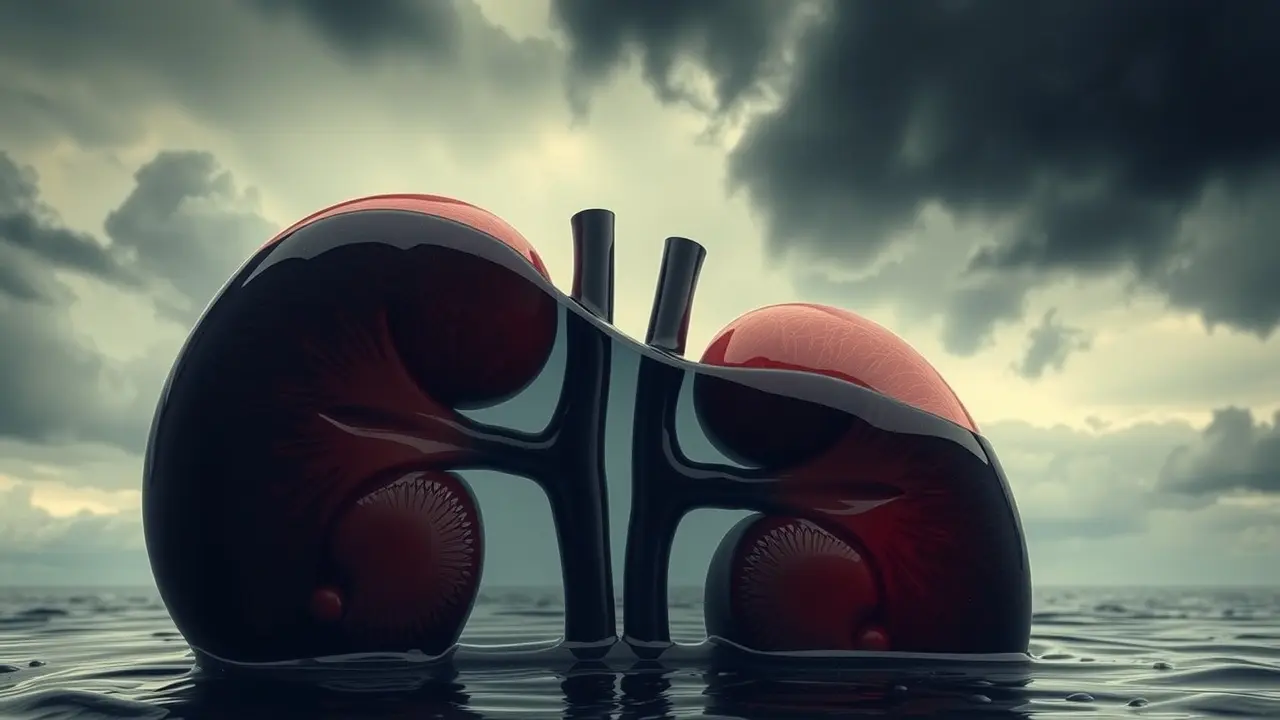 Ilustração simbólica de rins filtrando líquido escuro.