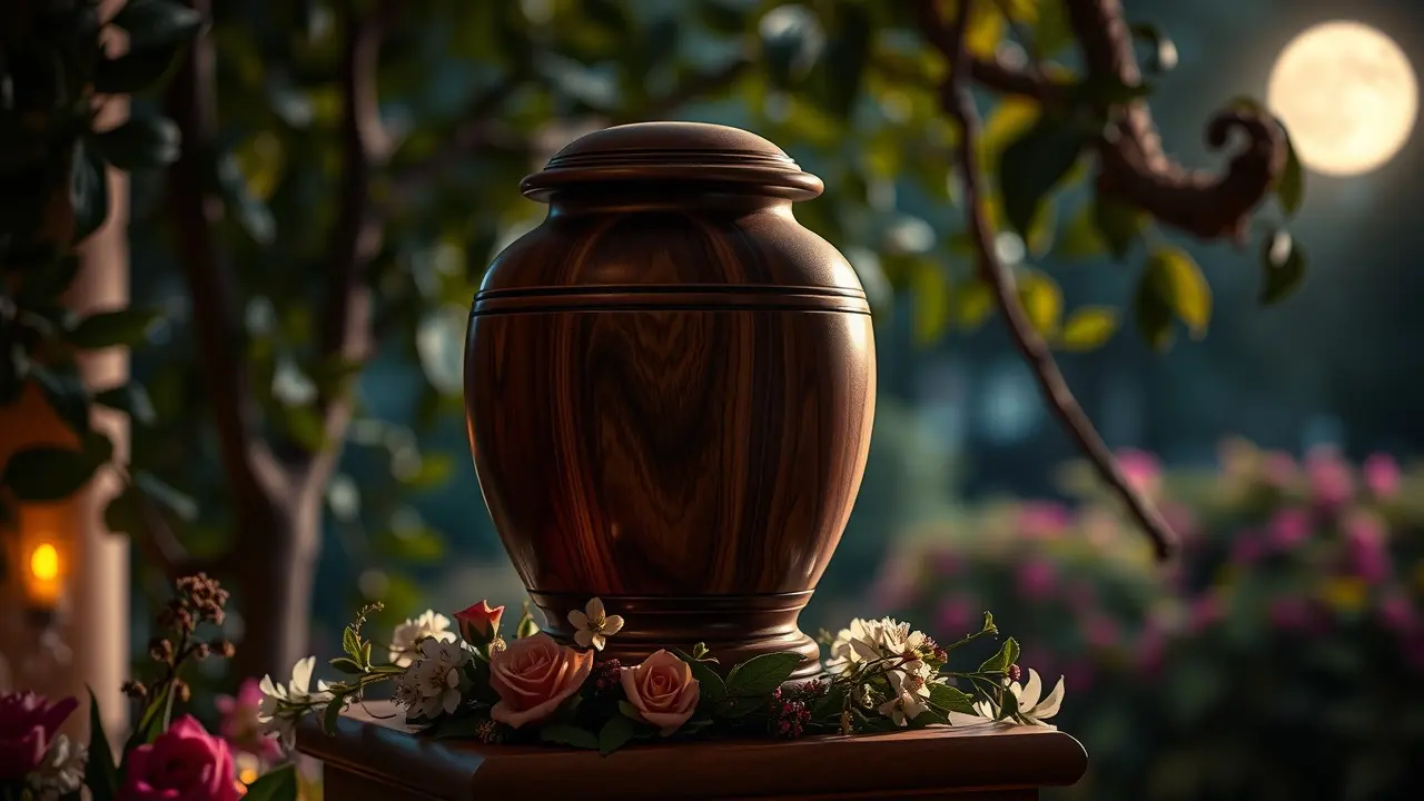 Urna funerária de madeira com flores ao redor.