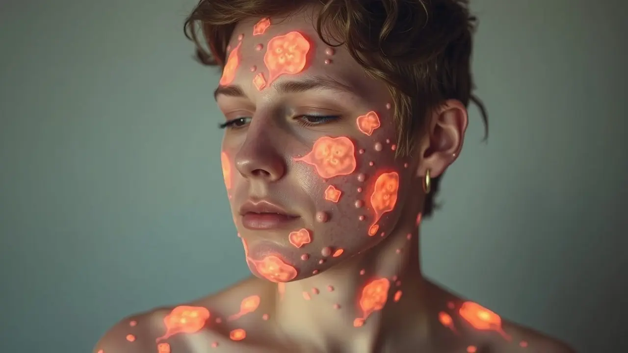 Pessoa com erupções cutâneas em forma de balões de fala