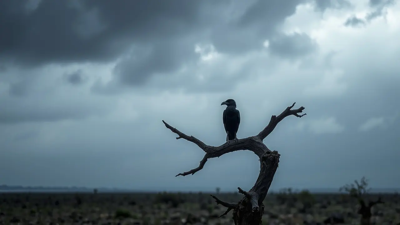 Sonhar com Urubu: Descubra o Significado e as Interpretações! Urubu empoleirado em galho seco sob céu tempestuoso