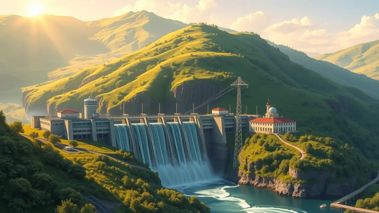 Usina hidrelétrica em vale verdejante