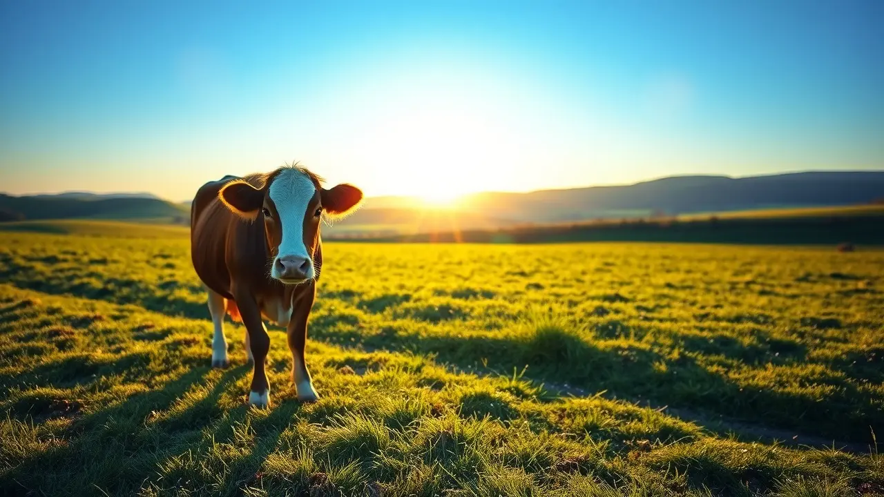 Vaca pastando em campo verde ao amanhecer.