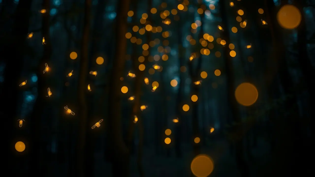 Vários vaga-lumes brilhando em uma floresta escura