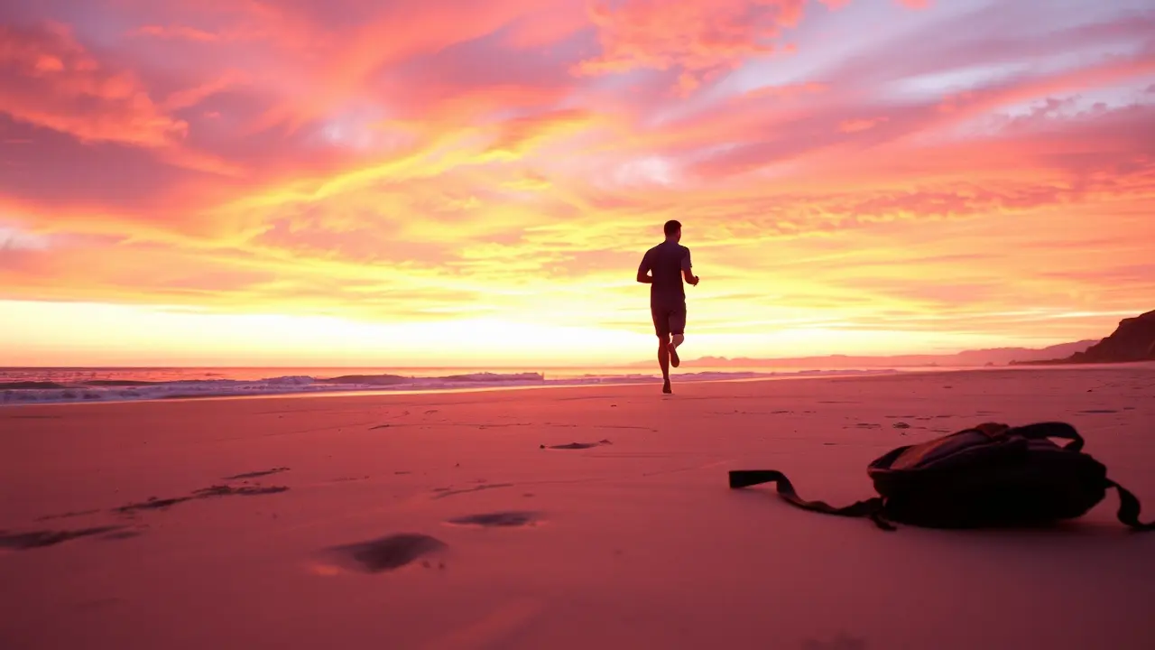 Pessoa caminhando descalça na praia ao pôr do sol