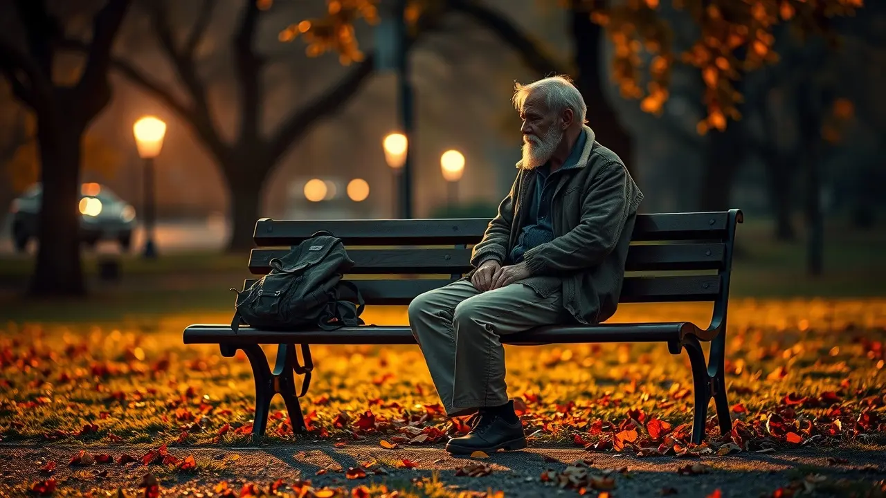 Homem maltrapilho sentado em banco de praça ao entardecer.
