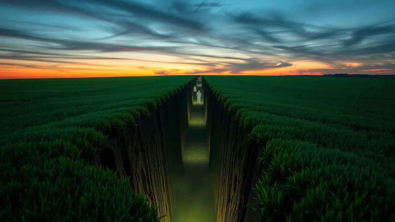 Sonhar com Vala: Descubra os Significados e Interpretações Ilustração de uma vala escura em campo verde