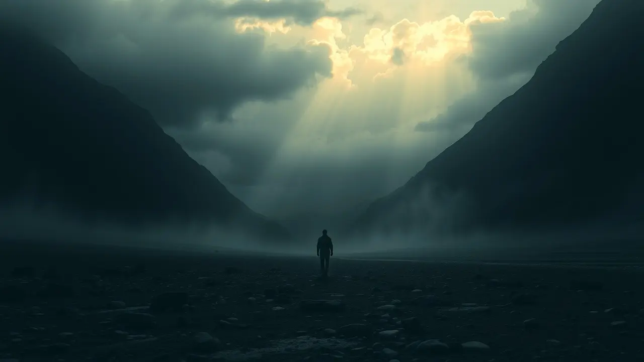 Pessoa caminhando em vale escuro