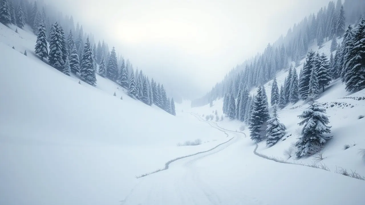 Vale nevado com neve branca e árvores verdes.