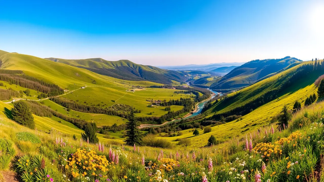 Sonhar com Vale: Descubra os Significados Ocultos! Visão panorâmica de um vale verde e florido.