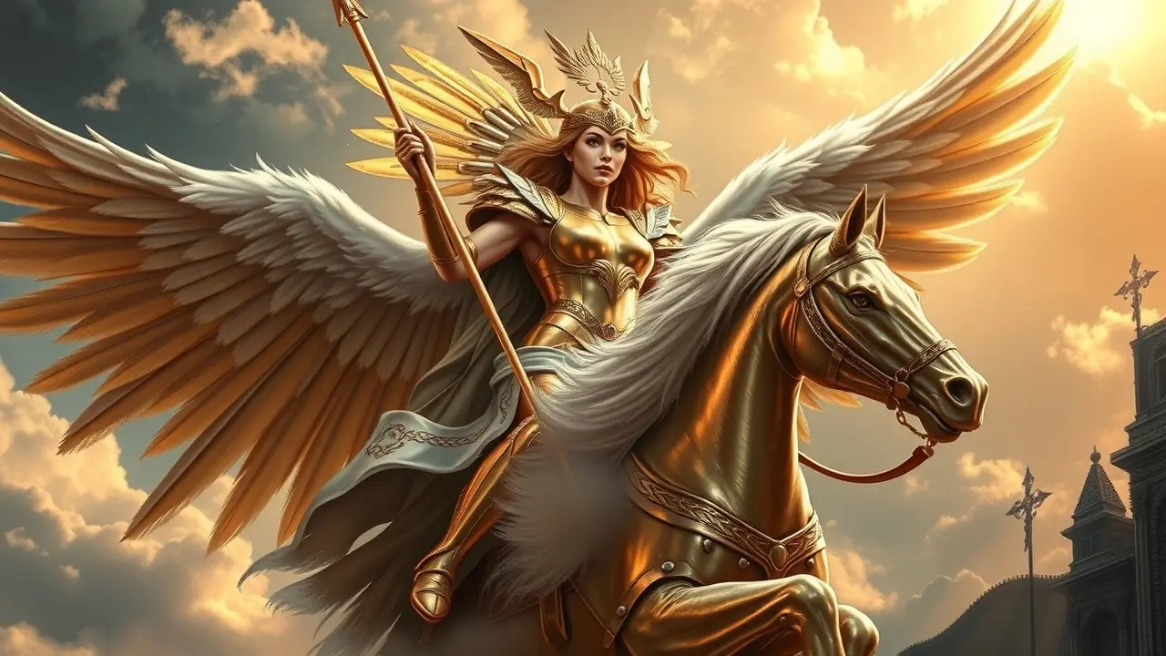 Valquíria descendo dos céus em armadura dourada.