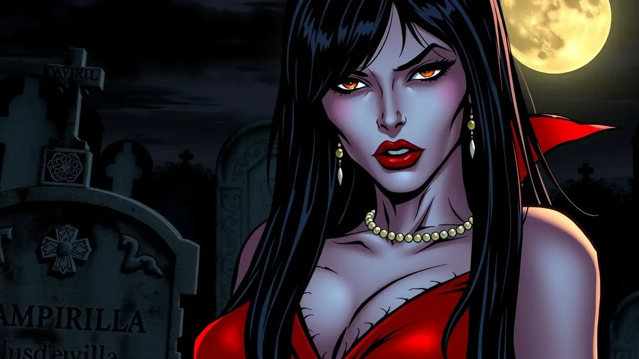 Sonhar com Vampirella: Desvende os Mistérios e Significados Vampirella em cenário gótico, olhar sedutor.