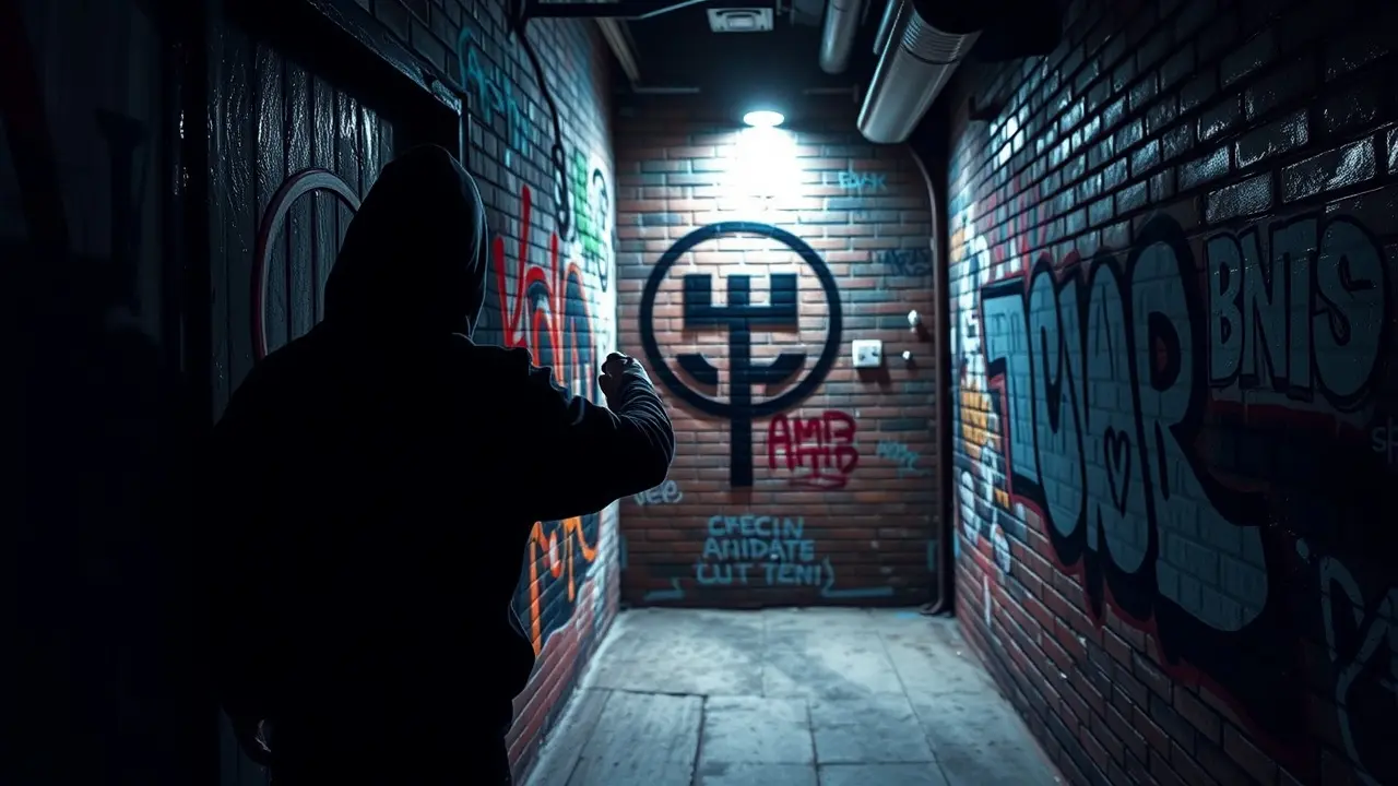 Significado de Sonhar com Vândalo: Interpretações e Reflexões Um vândalo grafitando um muro em um beco escuro.