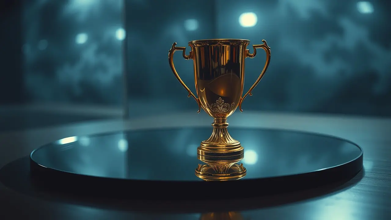 Sonhar com Vanglória: Descubra o Significado e as Implicações Troféu dourado refletido em espelho distorcido, simbolizando vanglória.