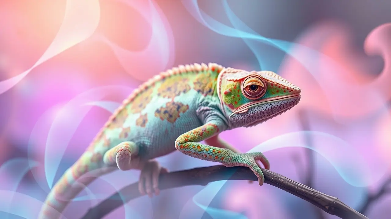 Camaleão se adaptando às variações de cor em um sonho.
