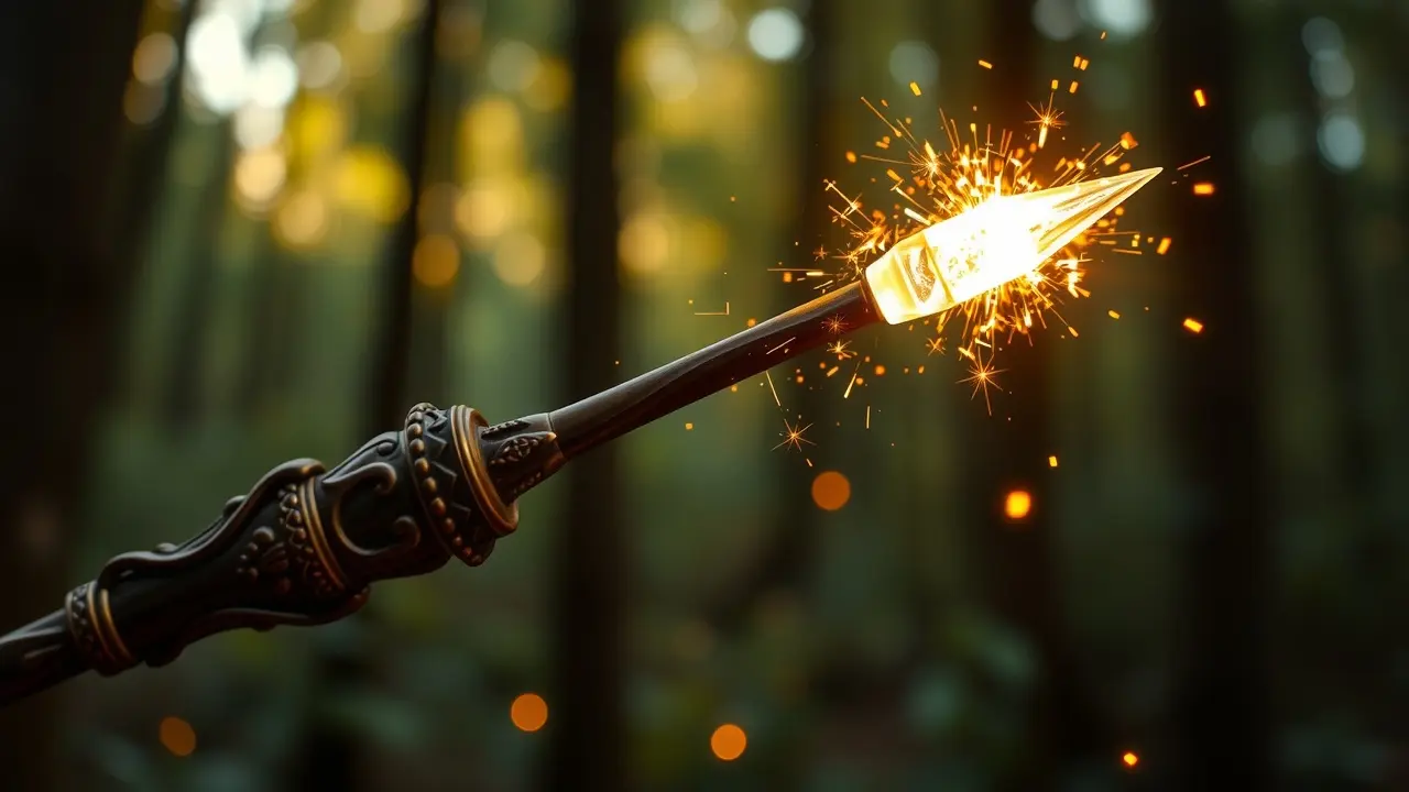 Varinha mágica emitindo brilhos dourados
