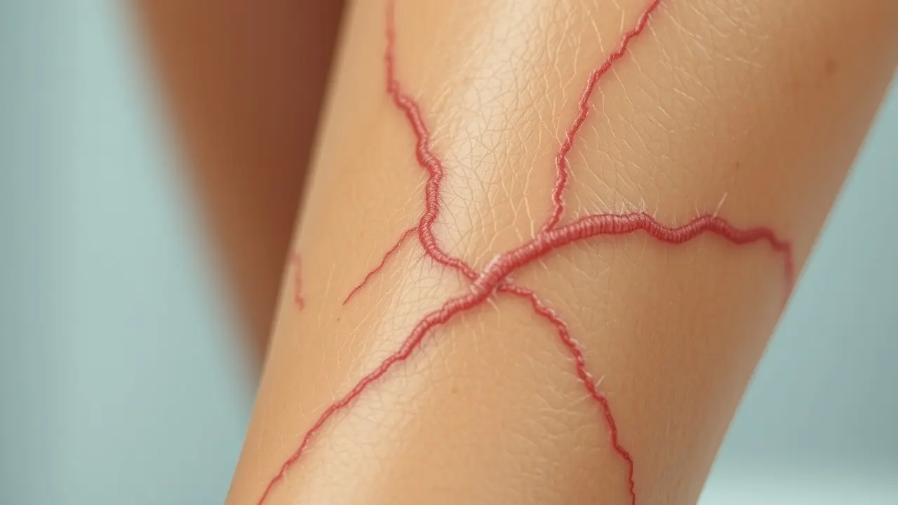 Varizes visíveis na perna de uma mulher
