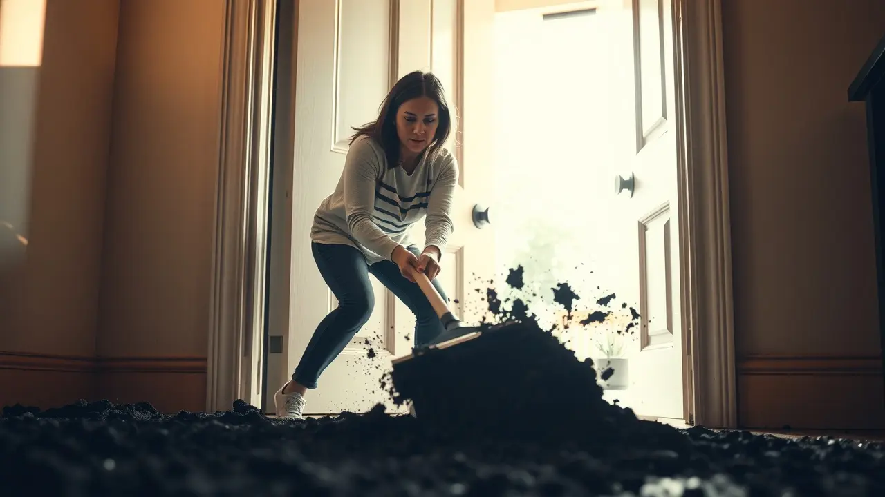 Mulher varrendo sujeira para fora da porta