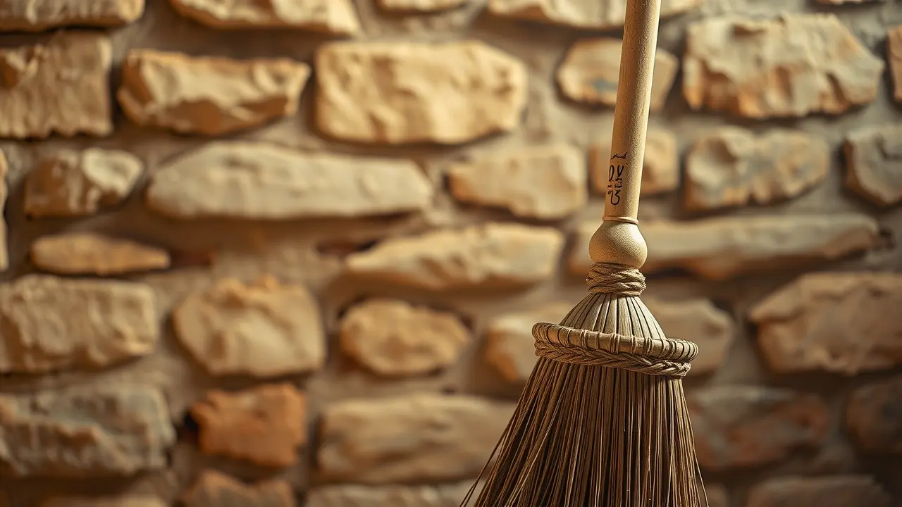 Vassoura de madeira encostada na parede de pedra.