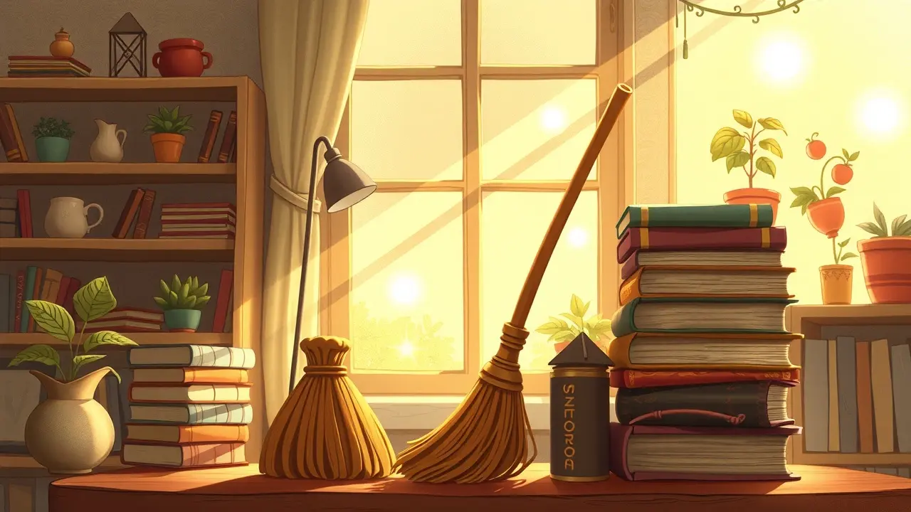 Vassourinha antiga apoiada em livros