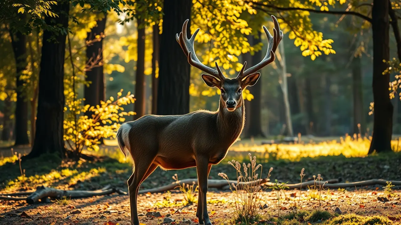 Veado majestoso em clareira ensolarada.